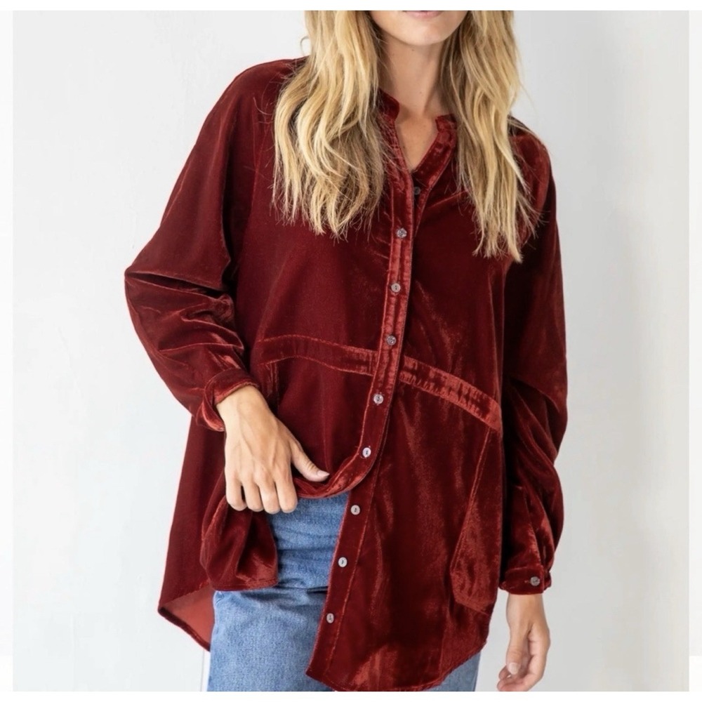 Natural Life Womens Velvet Tunic Med Laid Back Button Down Rust Lagenlook Boho